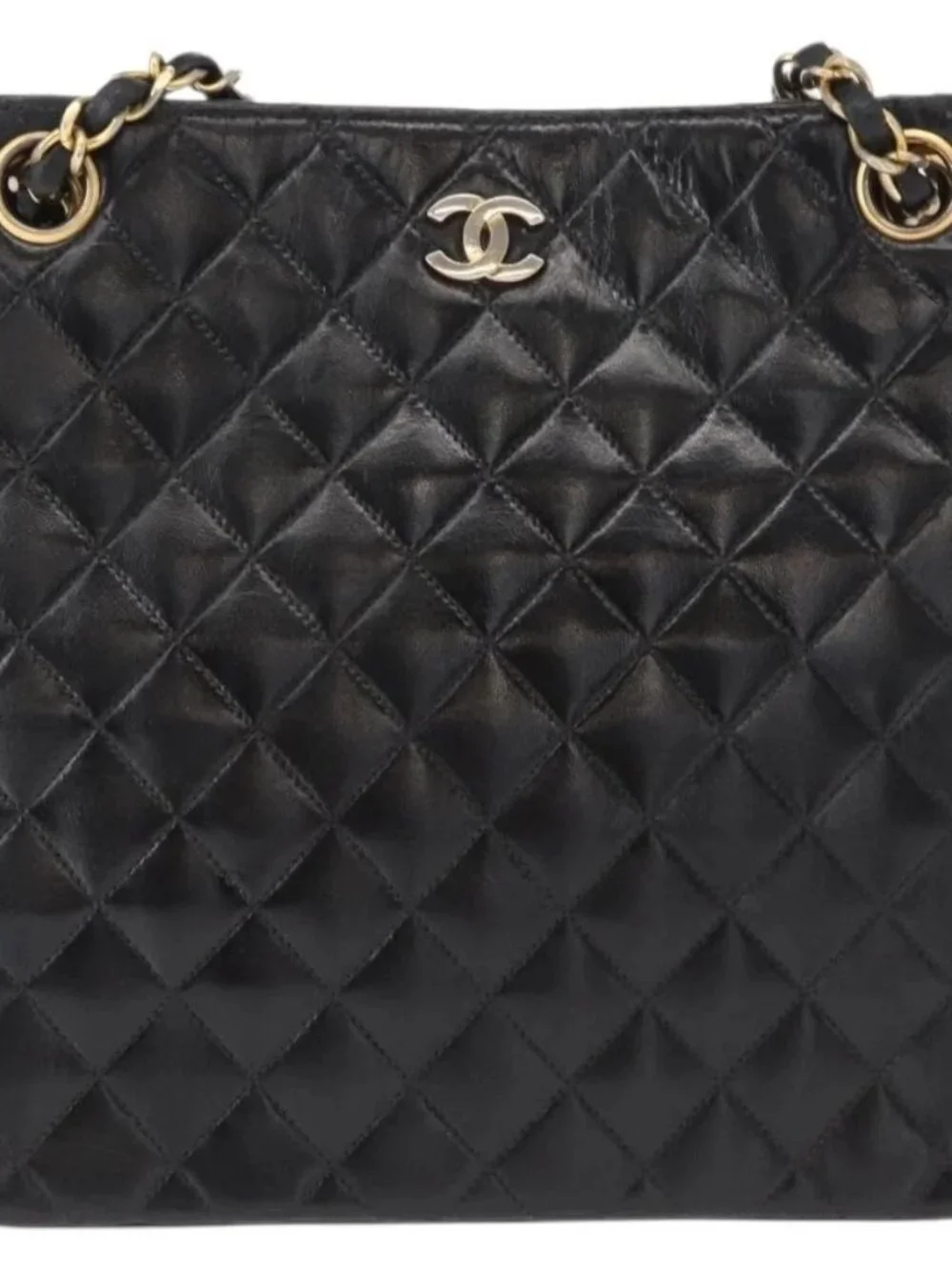 CHANEL Matelasse Chain Shoulder Bag Patent leather Black Gold CC Auth 154765